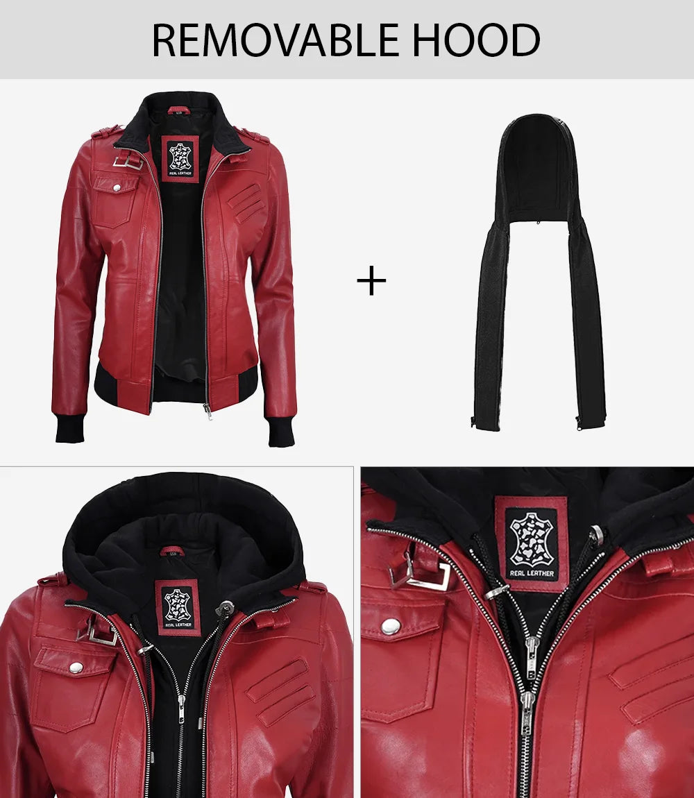 Womens Red Hooded Bomber Leather Jacket