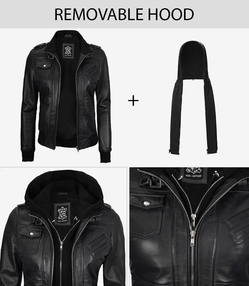 Womens Tall Black Hooded Bomber Leather Jacket