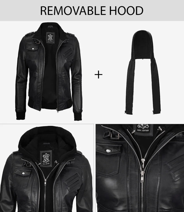 Womens Tall Black Hooded Bomber Leather Jacket