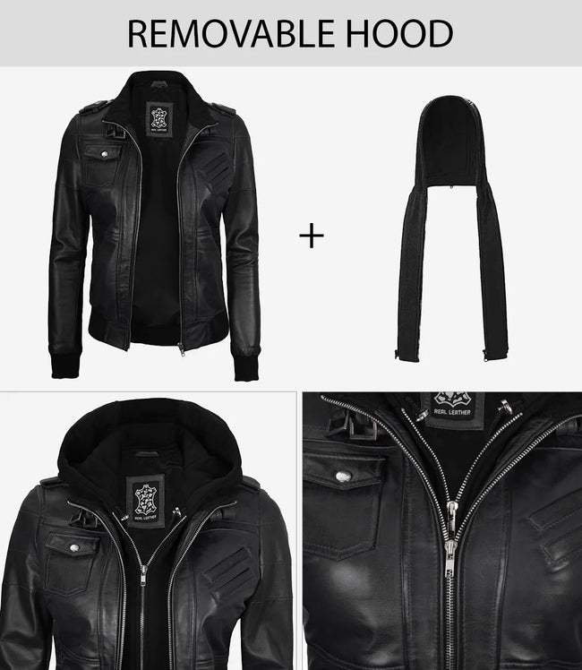 Womens Tall Black Hooded Bomber Leather Jacket