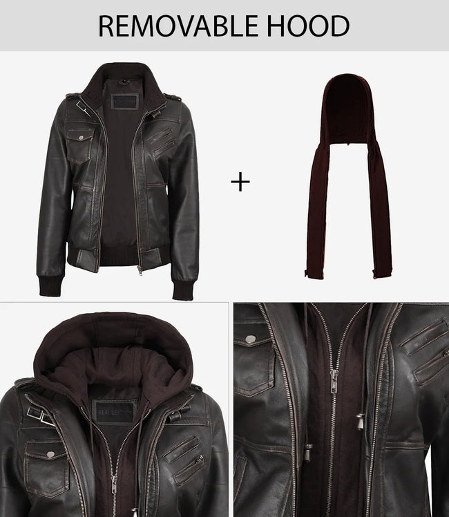 Womens Rub Off Brown Hooded Bomber Leather Jacket