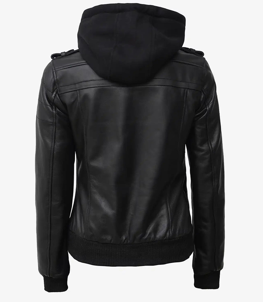 Womens Tall Black Hooded Bomber Leather Jacket
