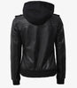 Womens Tall Black Hooded Bomber Leather Jacket