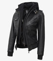 Womens Tall Black Hooded Bomber Leather Jacket