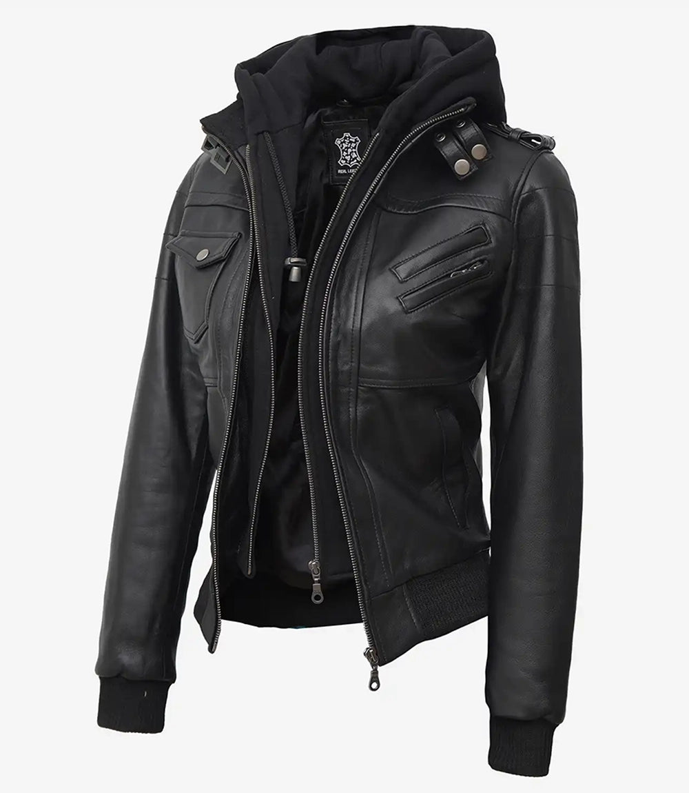 Womens Tall Black Hooded Bomber Leather Jacket