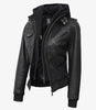 Womens Tall Black Hooded Bomber Leather Jacket