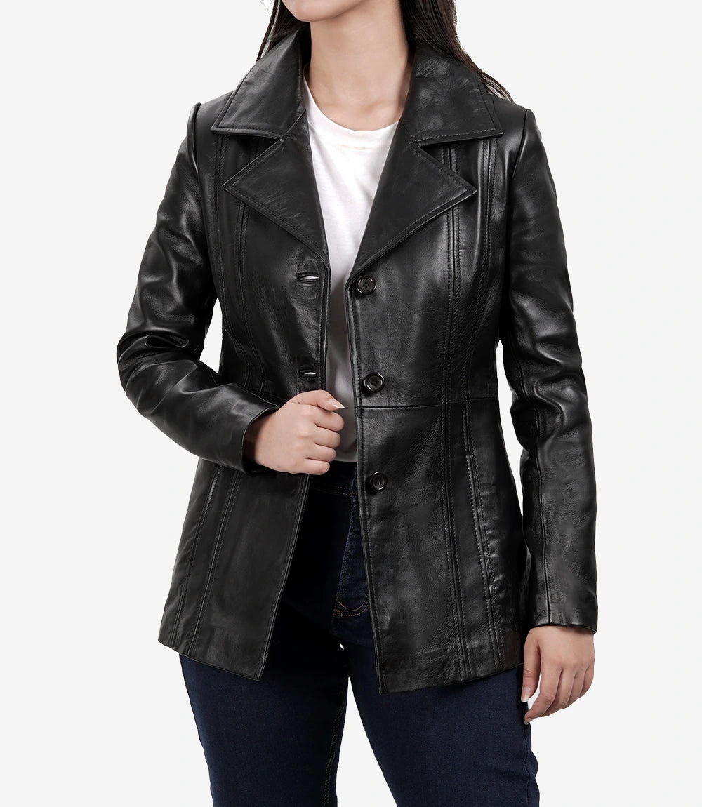 Womens 3 4 Length Black Leather Coat