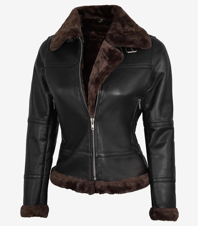 Womens Dark Brown Shearling Leather Bomber Jacket