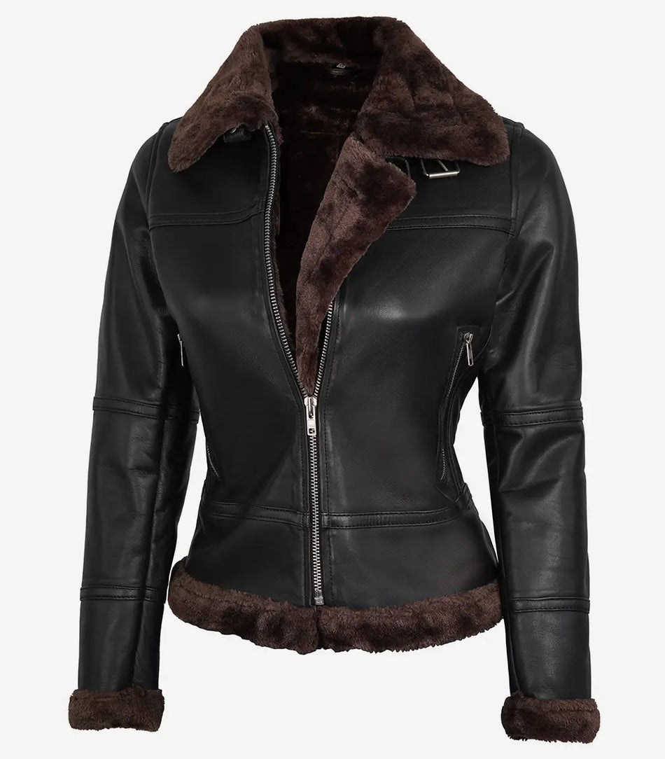 Womens Dark Brown Shearling Leather Bomber Jacket