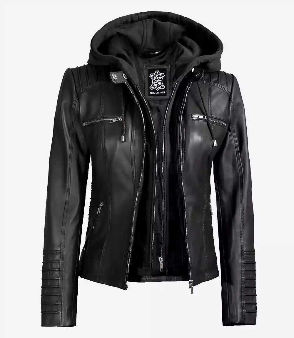 Womens Tall Black Leather Jacket With Hood