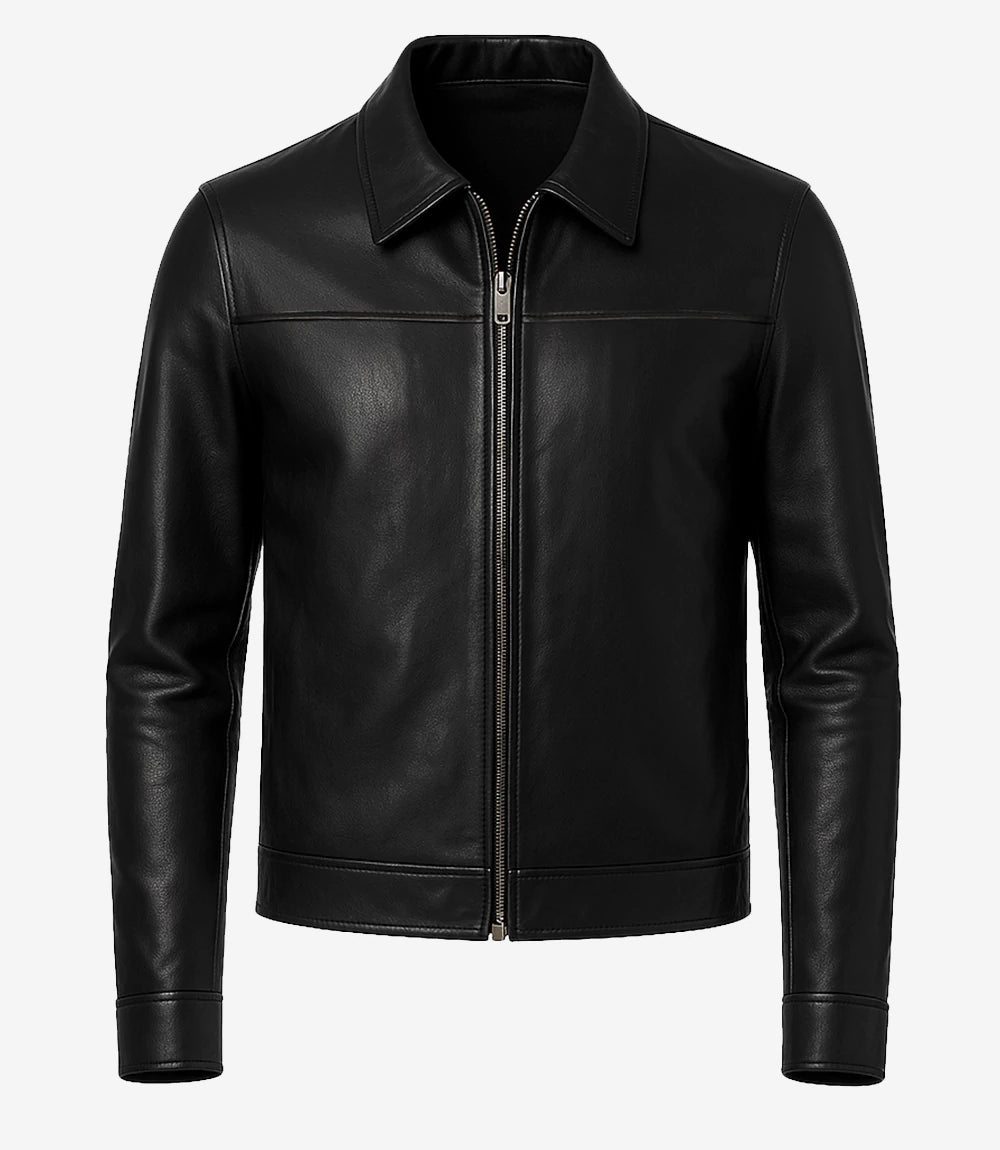 Mens Black Shirt Collar Leather Jacket