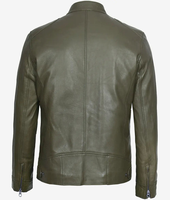 Mens Biker Racer Dark Green Leather Jacket