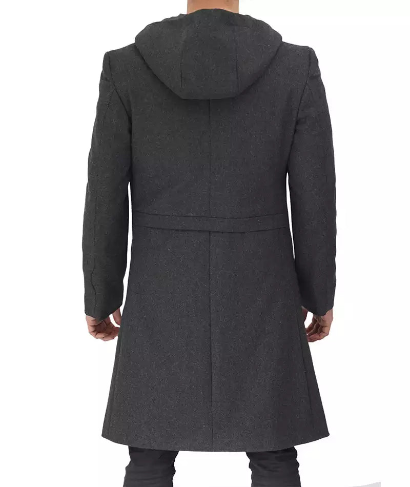 Mens Knee Length Grey Hooded Wool Coat