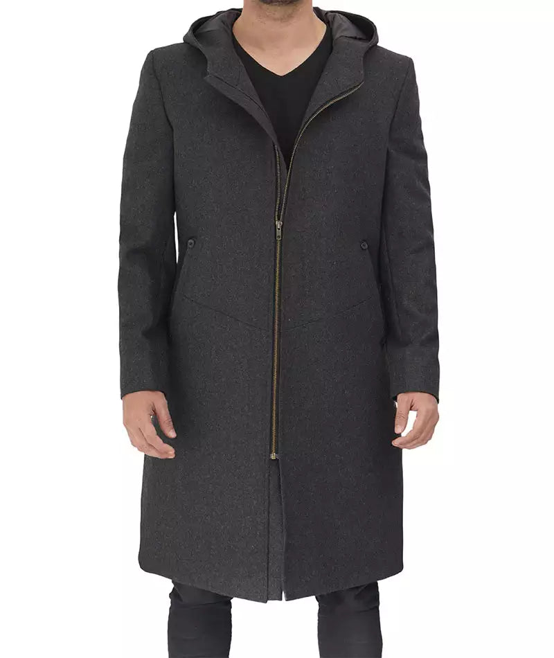 Mens Knee Length Grey Hooded Wool Coat
