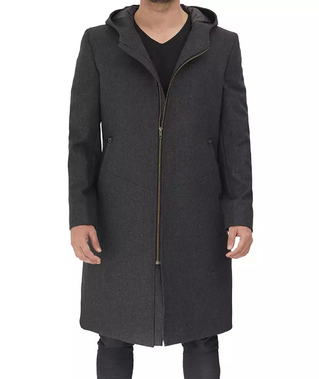 Mens Knee Length Grey Hooded Wool Coat