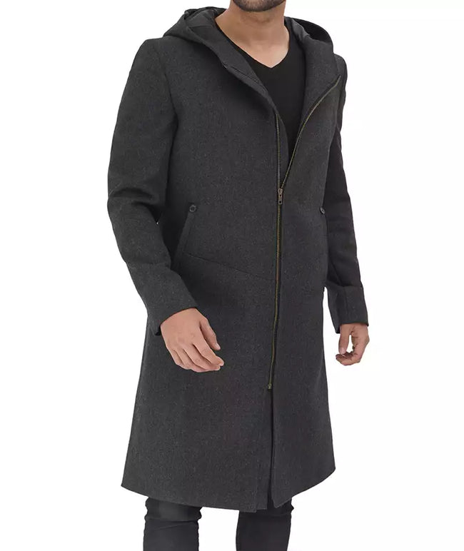 Mens Knee Length Grey Hooded Wool Coat