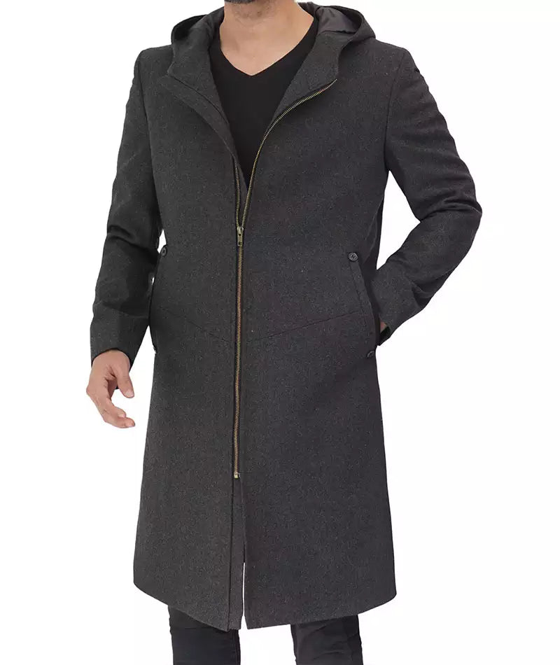 Mens Knee Length Grey Hooded Wool Coat