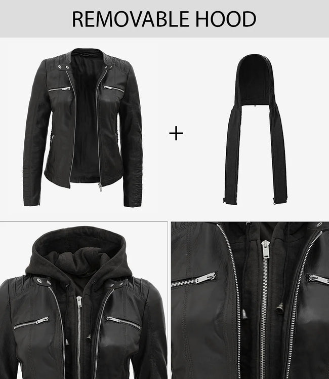 Womens Tall Black Leather Jacket With Hood