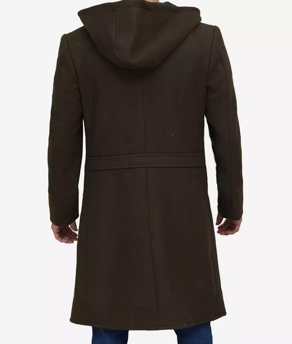 Mens Dark Green Hooded Wool Coat