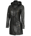 Womens Black 3 4 Length Leather Coat With Hood