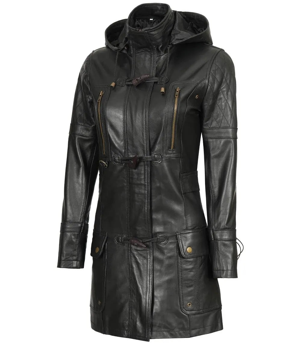 Womens Black 3 4 Length Leather Coat With Hood