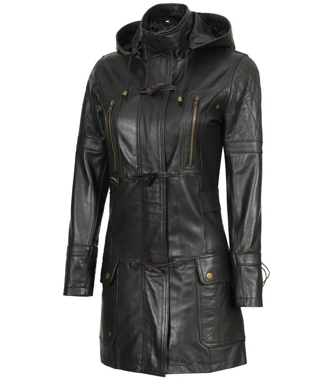 Womens Black 3 4 Length Leather Coat With Hood