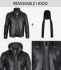 Mens Black Leather Hooded Moto Jacket