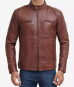 Mens Tall Cognac Brown Leather Cafe Racer Jacket