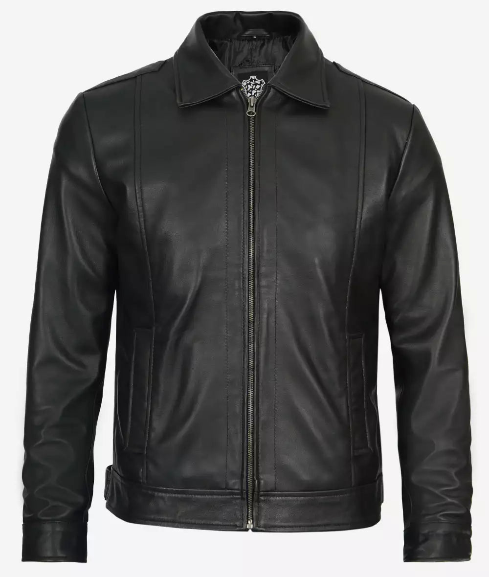 Black Vintage Shirt Collar Leather Jacket Mens