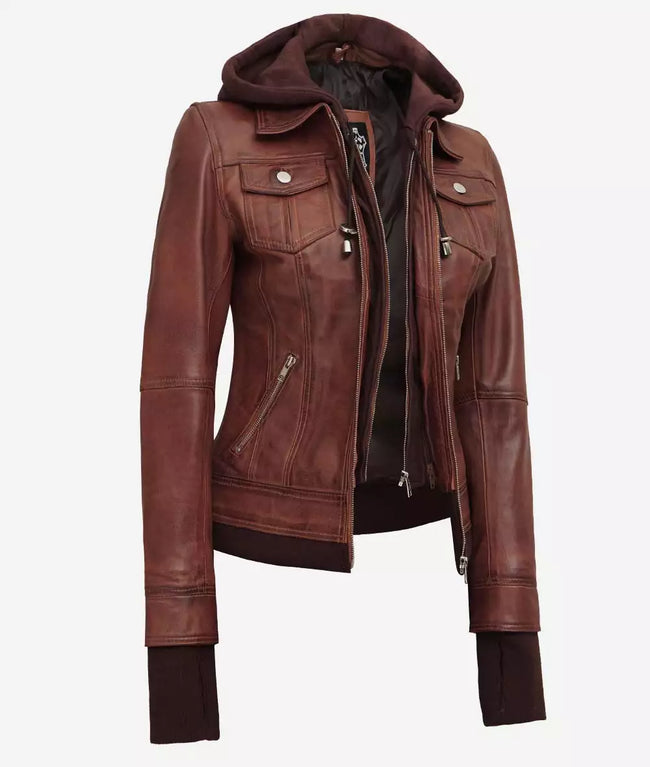 Dark Brown Bomber Leather Jacket With Removable Hood