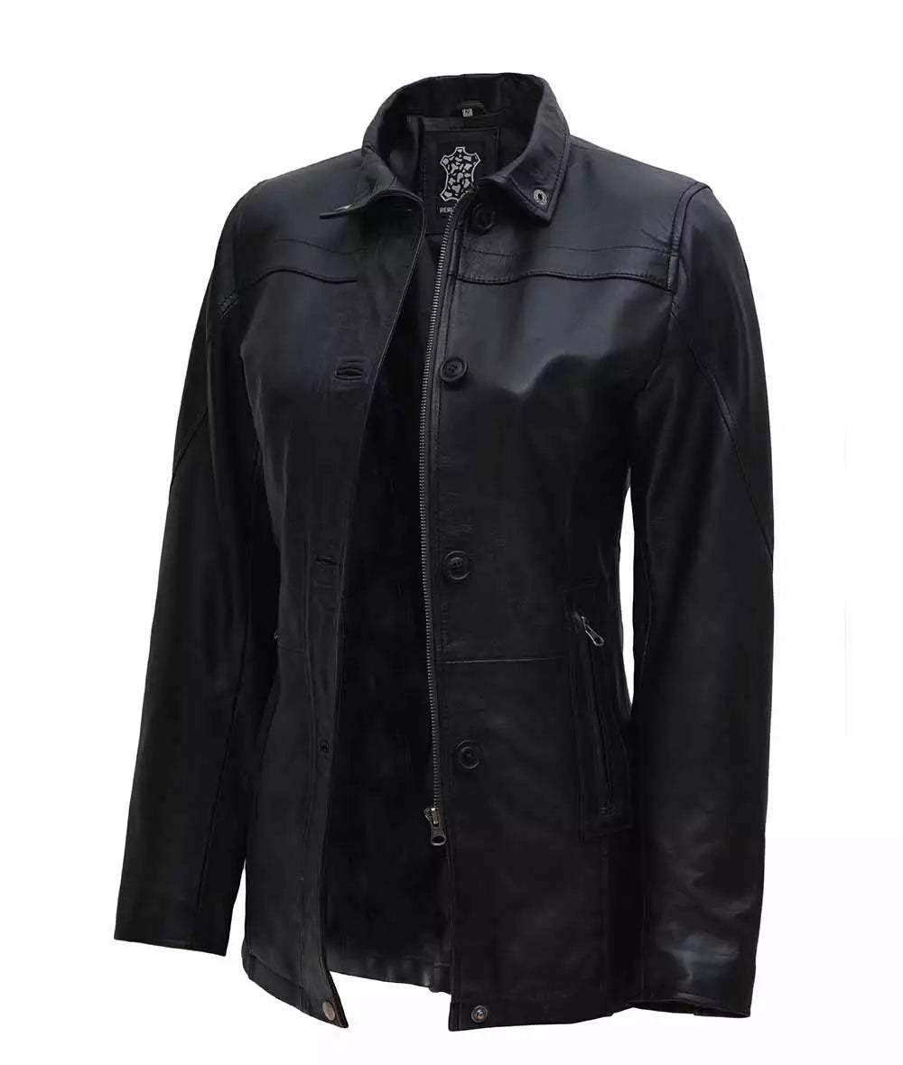 Womens Black Leather Car Coat