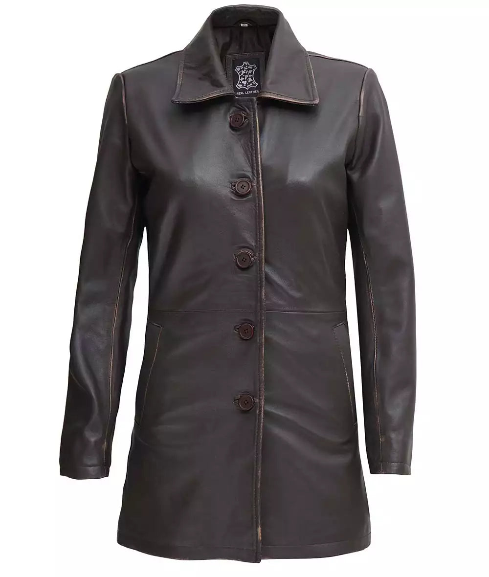 Womens Distressed Brown Leather Coat