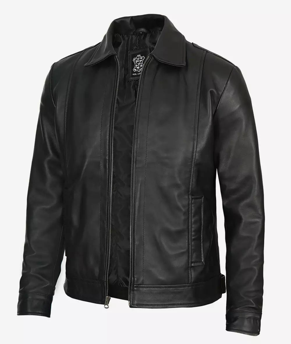 Black Vintage Shirt Collar Leather Jacket Mens