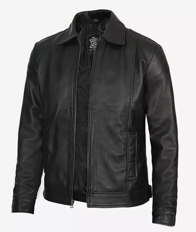 Black Vintage Shirt Collar Leather Jacket Mens