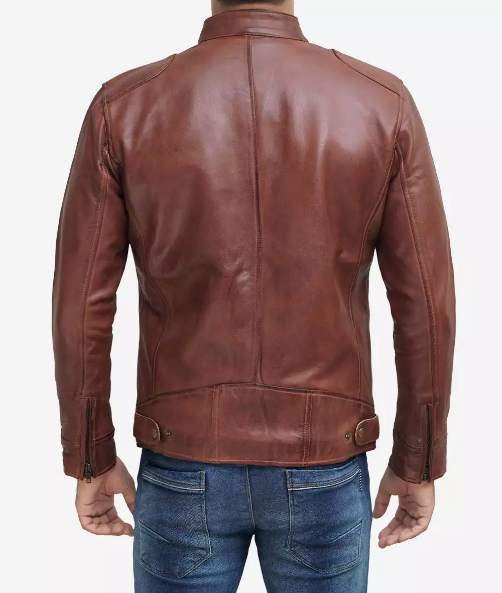 Mens Tall Cognac Brown Leather Cafe Racer Jacket