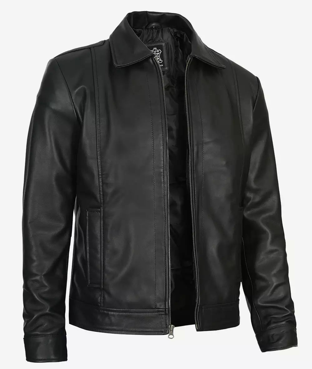 Black Vintage Shirt Collar Leather Jacket Mens
