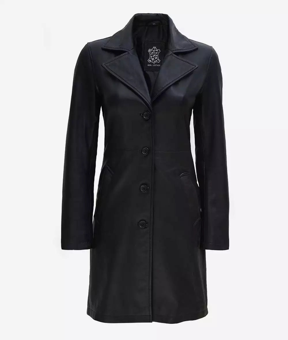 Womens Tall Wide Collar 3 Quarter Black Leather Coat