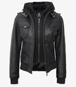 Womens Tall Black Hooded Bomber Leather Jacket