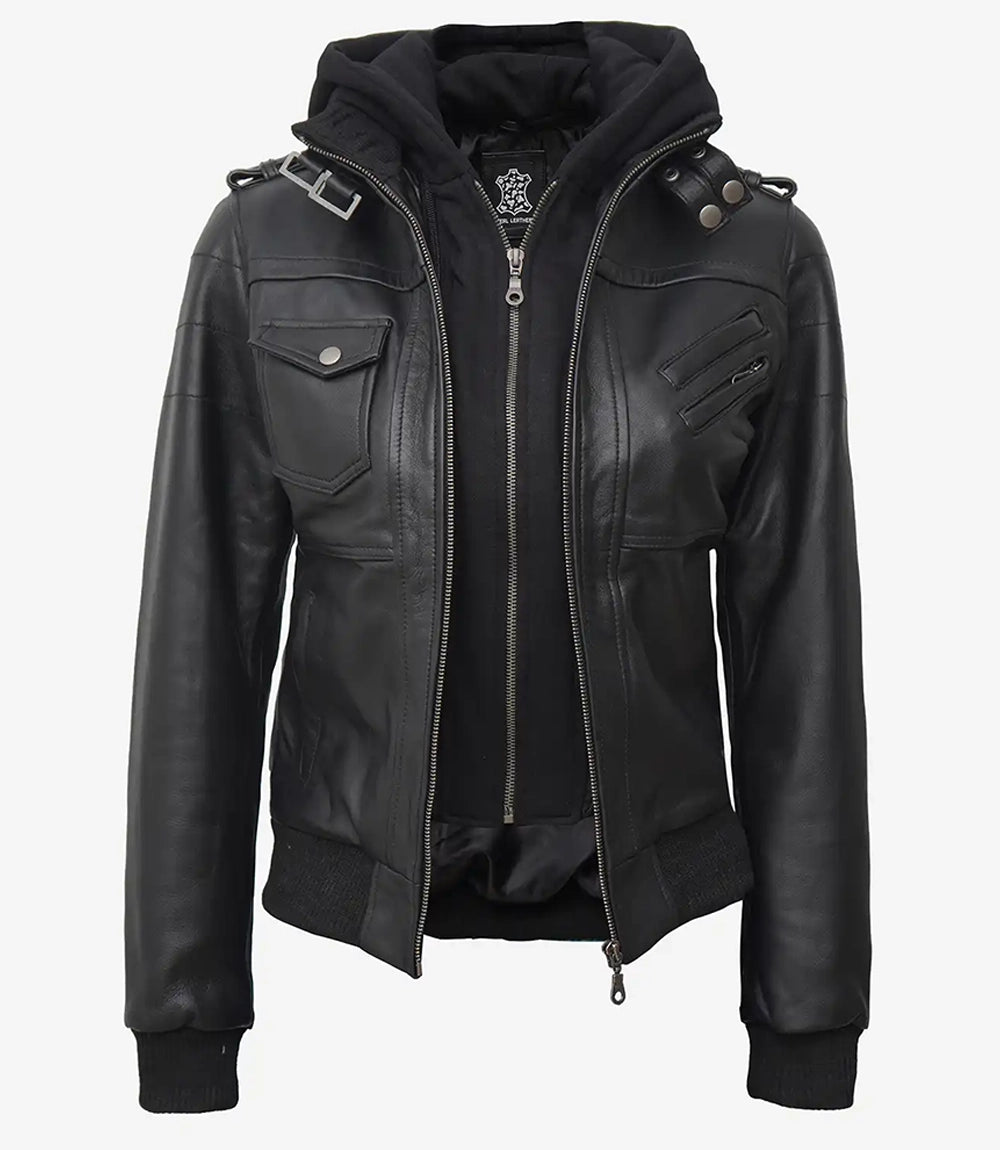 Womens Tall Black Hooded Bomber Leather Jacket