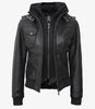 Womens Black Hooded Bomber Leather Jacket