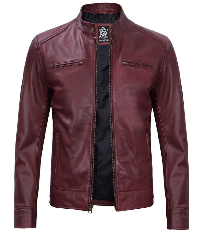 Mens Lambskin Maroon Cafe Racer Leather Jacket