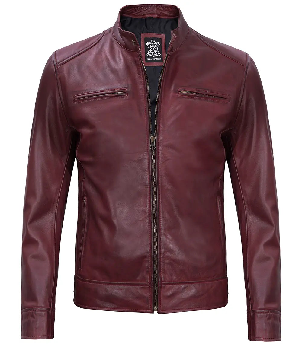 Mens Lambskin Maroon Cafe Racer Leather Jacket