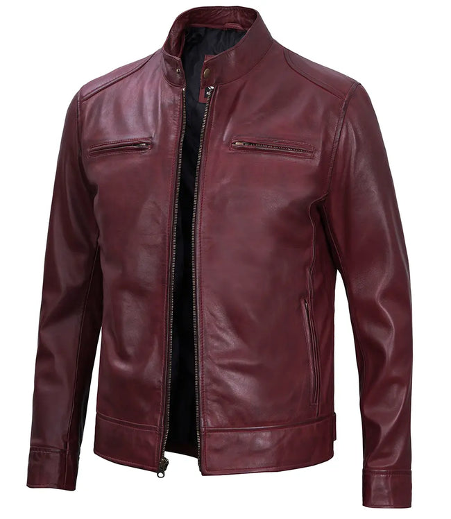 Mens Lambskin Maroon Cafe Racer Leather Jacket