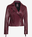Womens Real Lambskin Leather Asymmetrical Maroon Motorcycle Leather Jacket