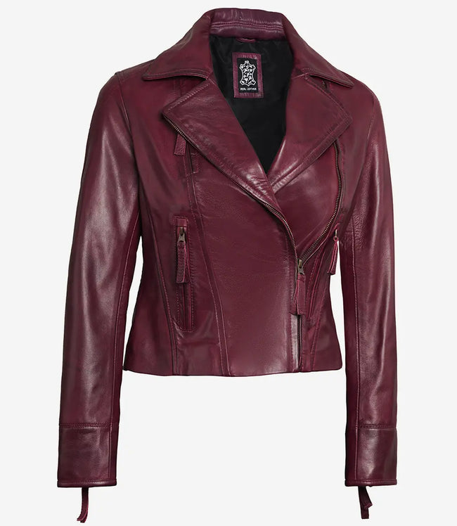Womens Real Lambskin Leather Asymmetrical Maroon Motorcycle Leather Jacket
