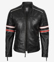 Men's Black Lambskin Leather Biker Style Jacket - White and Red Striped