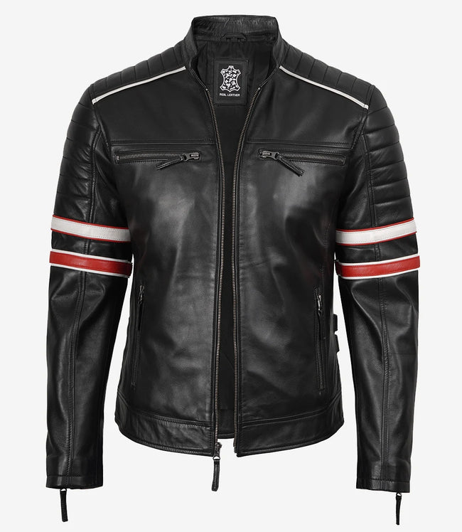 Men's Black Lambskin Leather Biker Style Jacket - White and Red Striped