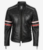 Men's Black Lambskin Leather Biker Style Jacket - White and Red Striped