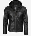 Men's Black Leather Jacket with Removable Hood