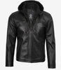 Men's Black Leather Jacket with Removable Hood